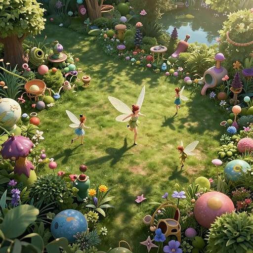 Whimsical CGI garden scene with three fairy-like creatures with translucent wings, surrounded by vibrant, colorful mushrooms, flowers, and whimsical furniture. Sun