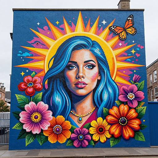 Vibrant mural of a blue-haired woman with sun halo, surrounded by colorful flowers and a butterfly, on a blue wall.