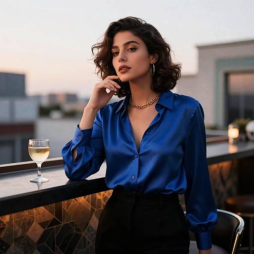 Woman in Sapphire Silk Blouse at Rooftop Bar