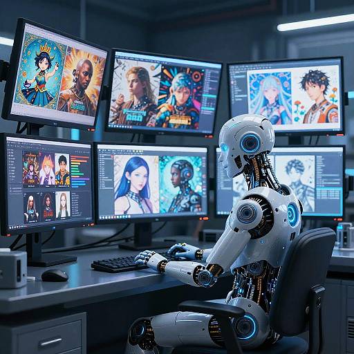 Photorealistic CGI: White robotic figure with blue lights, seated at a desk, working on multiple screens displaying various colorful celebrity faces.