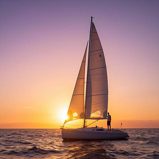 Solitary Man on Sailboat at Sunset