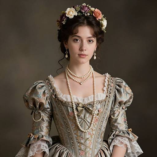 Photograph of a young woman with fair skin, dark wavy hair, wearing an elaborate Victorian-style dress, pearl necklace, floral headpiece, and