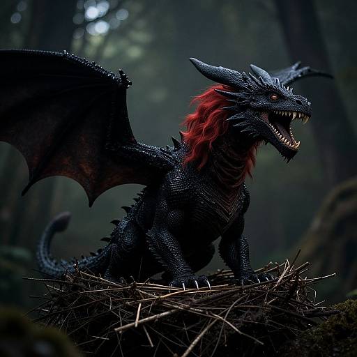 Realistic Black Dragon in Dark Forest