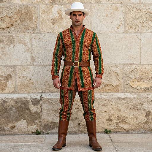Photograph of a man in a vibrant, medieval-style, orange and green patterned jumpsuit, brown boots, and white hat, standing against a