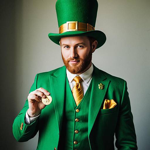 Man in Leprechaun Costume Holding Gold Coin