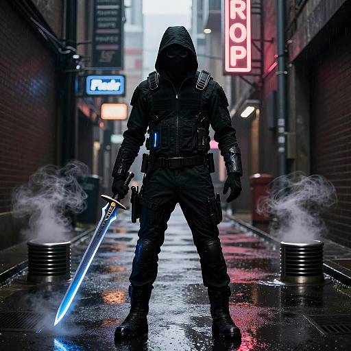 Mysterious Assassin in Neon Urban Alley