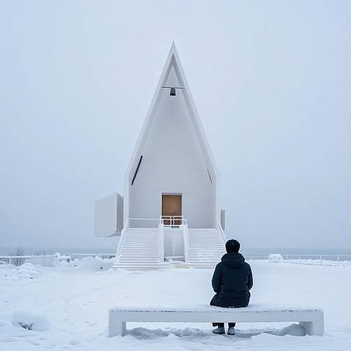 Photograph of a solitary person in black winter clothing sitting on a white bench before a minimalist, snow-covered, A-frame white building.