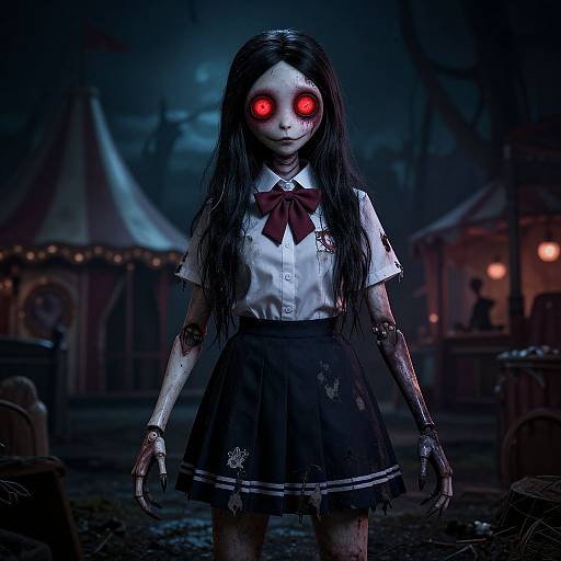 Digital art of a creepy girl with glowing red eyes, long black hair, white shirt, red bow, black skirt, standing in a dark, eerie