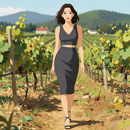 Chic Woman in Vineyard Inspired by Kyoto Animation