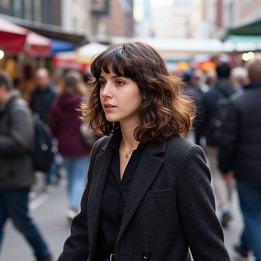 Woman with Voluminous Bangs in Market