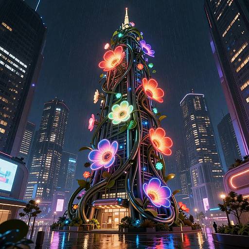 Neon-lit, flower-adorned skyscraper centerpiece in a rainy, urban night scene, surrounded by illuminated high-rise buildings and vibrant city lights