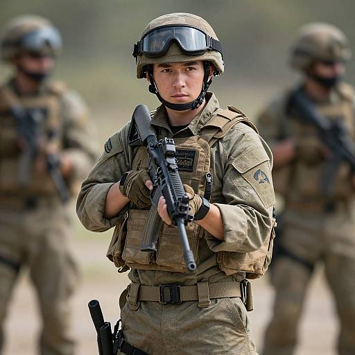 Photograph of a focused female soldier in camouflage gear and helmet, holding a rifle, with two blurred soldiers in the background.