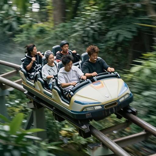 Photograph of five Asian men riding a yellow and black roller coaster through a lush, green forest, smiling and laughing.