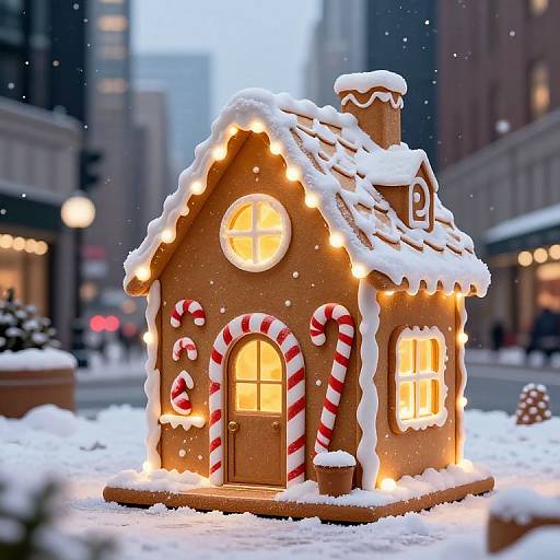 Photograph of a glowing, snow-covered gingerbread house with red-and-white candy cane decorations, illuminated windows, and set on a snowy urban street.