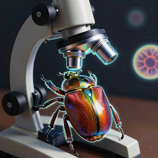 Photograph of a vibrant, iridescent beetle on a microscope, highlighted with blue light, set against a dark background with colorful circular bokeh lights