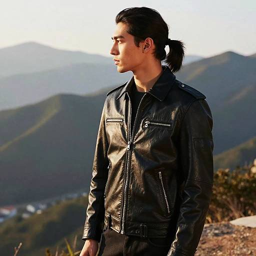 Photograph of a young man with dark hair in a ponytail, wearing a black leather jacket, standing in a mountainous landscape.