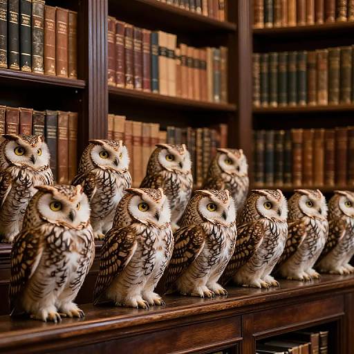 Photograph of nine realistic owl statues with brown and white feathers standing in a row on a wooden bookshelf, surrounded by numerous leather-bound books.