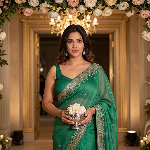 Photograph of an elegant Indian woman in a green saree adorned with gold embroidery, holding white flowers, standing under a floral arch with a chandelier