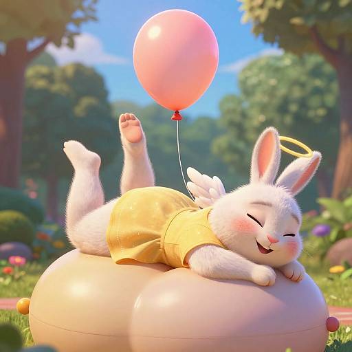 Cute CGI white bunny with a yellow dress and halo, lying on a balloon, holding a pink balloon in a sunny, colorful garden.