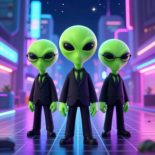 CGI image of three green, alien humanoid figures with black suits, glasses, and serious expressions, standing in a neon-lit, futuristic city street