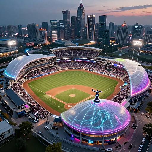 Photograph of a brightly lit, modern baseball stadium at dusk, with neon-lit domes, full city skyline in the background, and a packed