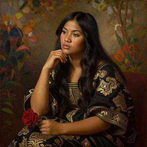 Painted portrait of a young South Asian woman with long black hair, wearing an ornate black and gold robe, holding a red rose, against a