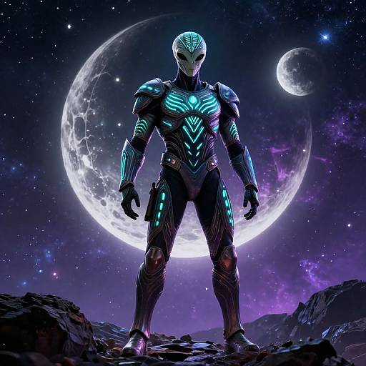Digital artwork of a glowing, futuristic, humanoid alien with neon blue patterns, standing on rocky terrain under a large, luminous moon and starry purple