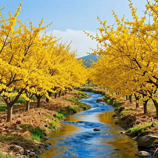 Serene Golden Orchard with Blue Stream