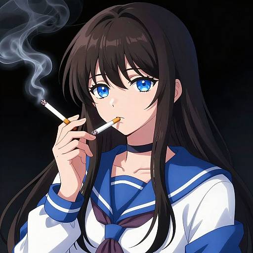Anime-style digital drawing of a blue-eyed girl with long black hair, smoking a cigarette, wearing a blue and white sailor school uniform, against a black