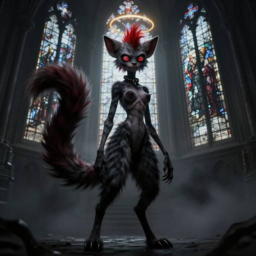CGI artwork of a demonic, red-eyed, red-haired, nude, furry, cat-like creature with a halo, standing in a dark, go