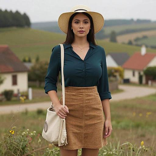 Photograph of a young woman with long dark hair, wearing a straw hat, navy blouse, and brown corduroy skirt, carrying a white fr