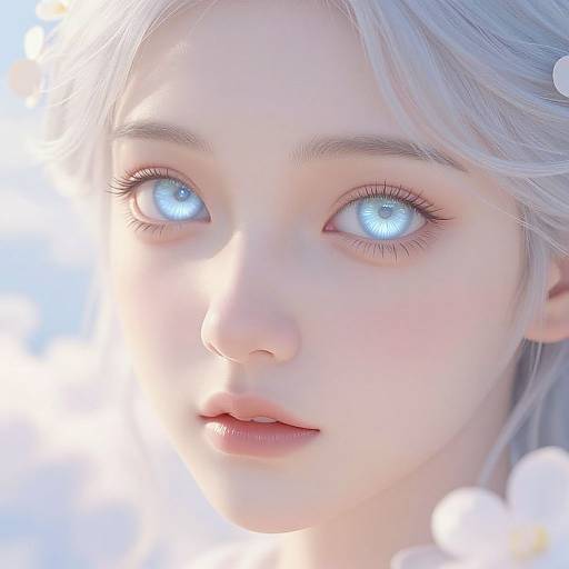 Digital CGI portrait of a young woman with ethereal, glowing blue eyes, pale skin, and white hair, set against a bright, blurred white background