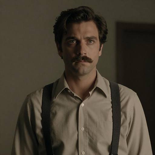 Serious Man with Mustache and Suspenders