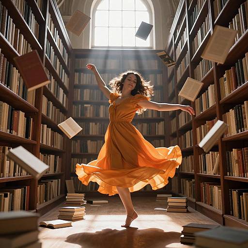 Photograph of a curly-haired woman in an orange dress dancing in a sunlit library, surrounded by flying books and stacked books on the floor.