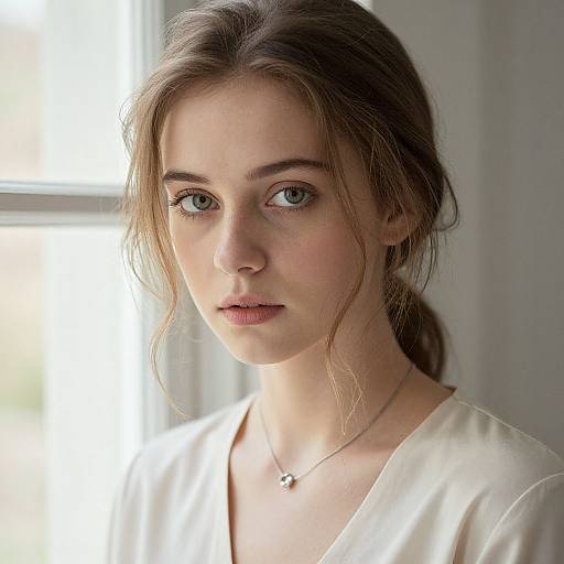 Photograph of a young Caucasian woman with fair skin, blue eyes, and light brown hair in a loose ponytail, wearing a white V-neck shirt
