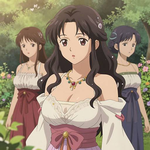 Elegant Anime Girls in Lush Garden