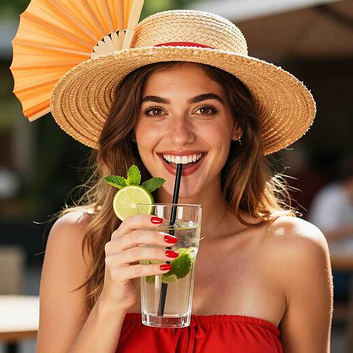 Photograph of a smiling young woman with wavy brown hair, wearing a straw hat with a large orange fan, red strapless top, and red