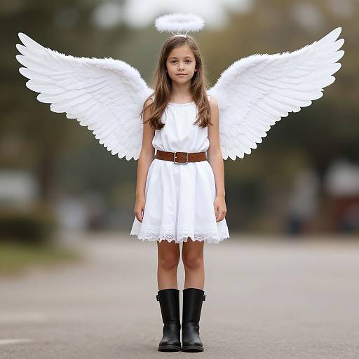 Photograph of a young girl with white angel wings, halo, white dress, brown belt, black boots, standing on a blurred street.