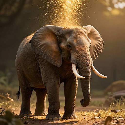 Photograph of a large, gray African elephant standing on a dirt path, sunlight illuminating dust spray from its trunk, with a blurred forest background.