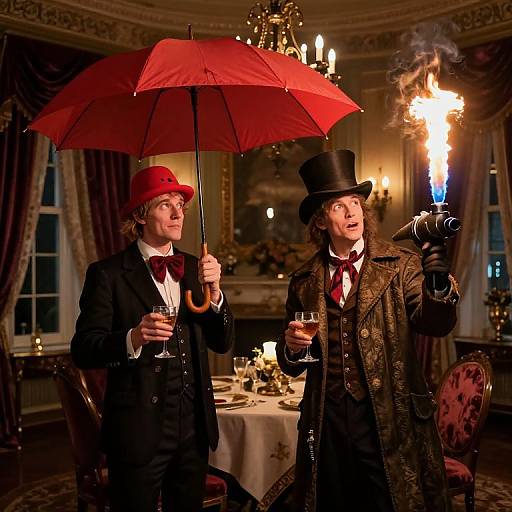 Photograph of two men in Victorian attire; one holds a red umbrella, the other a lit torch, in a luxurious, candlelit room.