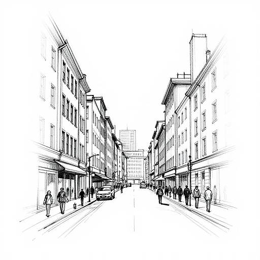 Black and white sketch of a bustling city street with tall buildings on both sides, pedestrians walking, and a clear sky.