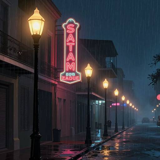Nighttime photograph of a rainy street with neon 