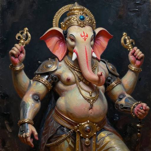 Photorealistic digital painting of Ganesha, the Hindu elephant-headed god, adorned with gold jewelry, holding a trident and ankush, against