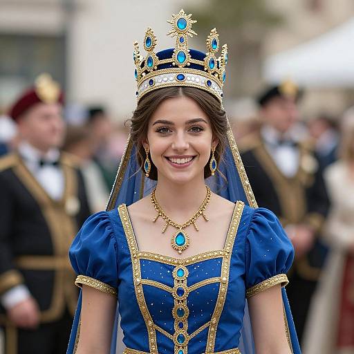Photograph of a young, smiling princess with fair skin, brown hair, wearing a blue and gold embroidered gown, crown, and necklace, standing in