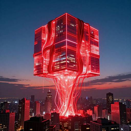 Photograph of a futuristic, glowing red skyscraper with neon lights, resembling a floating cube, towering over a dark city skyline at dusk.