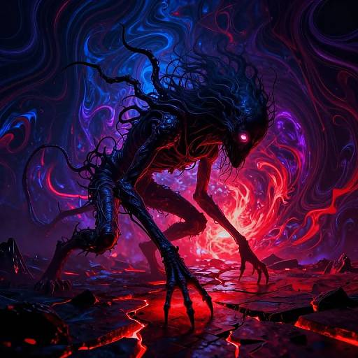 Digital art of a dark, monstrous creature with glowing red eyes and twisted, fiery tendrils, set against a swirling, neon blue and purple background.