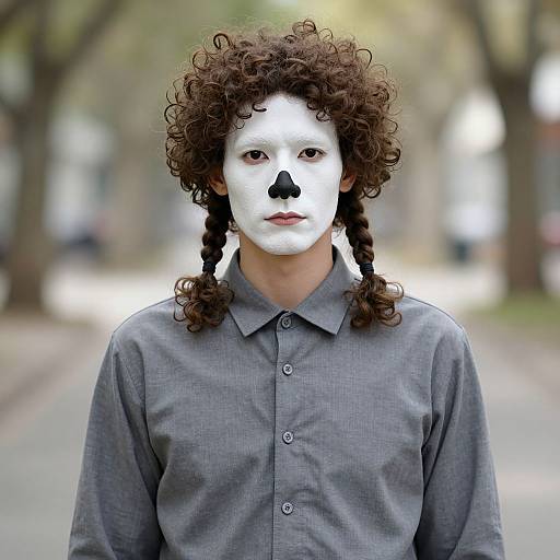 Photograph of a person with white face paint, curly dark hair in pigtails, wearing a gray button-up shirt, standing in a blurry park