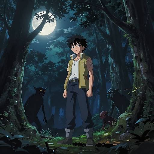 Moonlit Dark Forest Anime Scene
