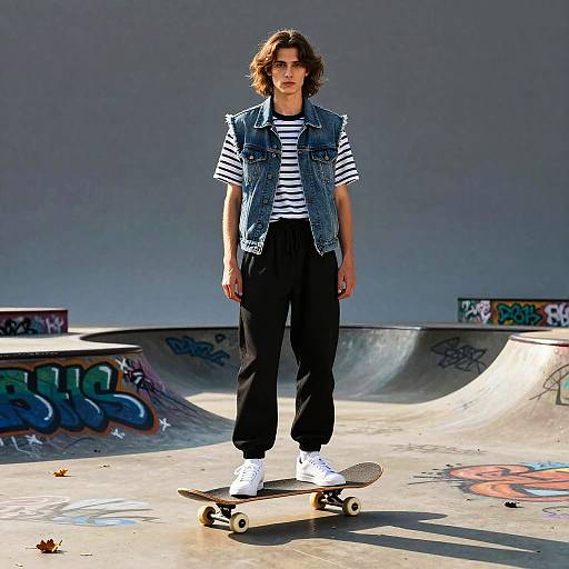 Urban Skateboarder in Denim Vest at Skatepark