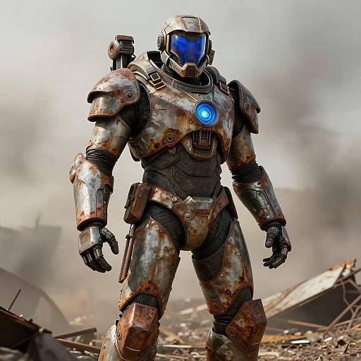 Photorealistic CGI of a rusted, futuristic, blue-eyed armored warrior with a glowing blue chest piece, standing amidst a smoky, ruined battlefield